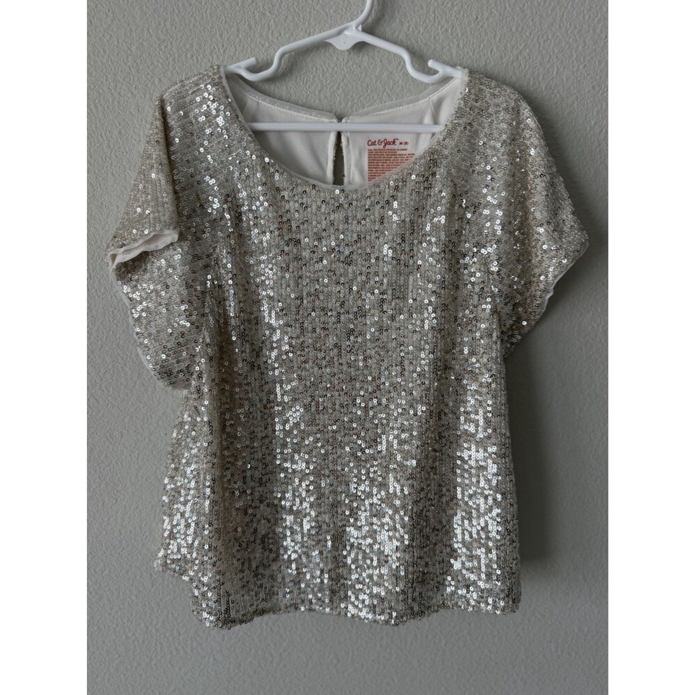 Cat & Jack Girls Sequin Top Size 8 Silver Sparkle Party Holiday Shirt